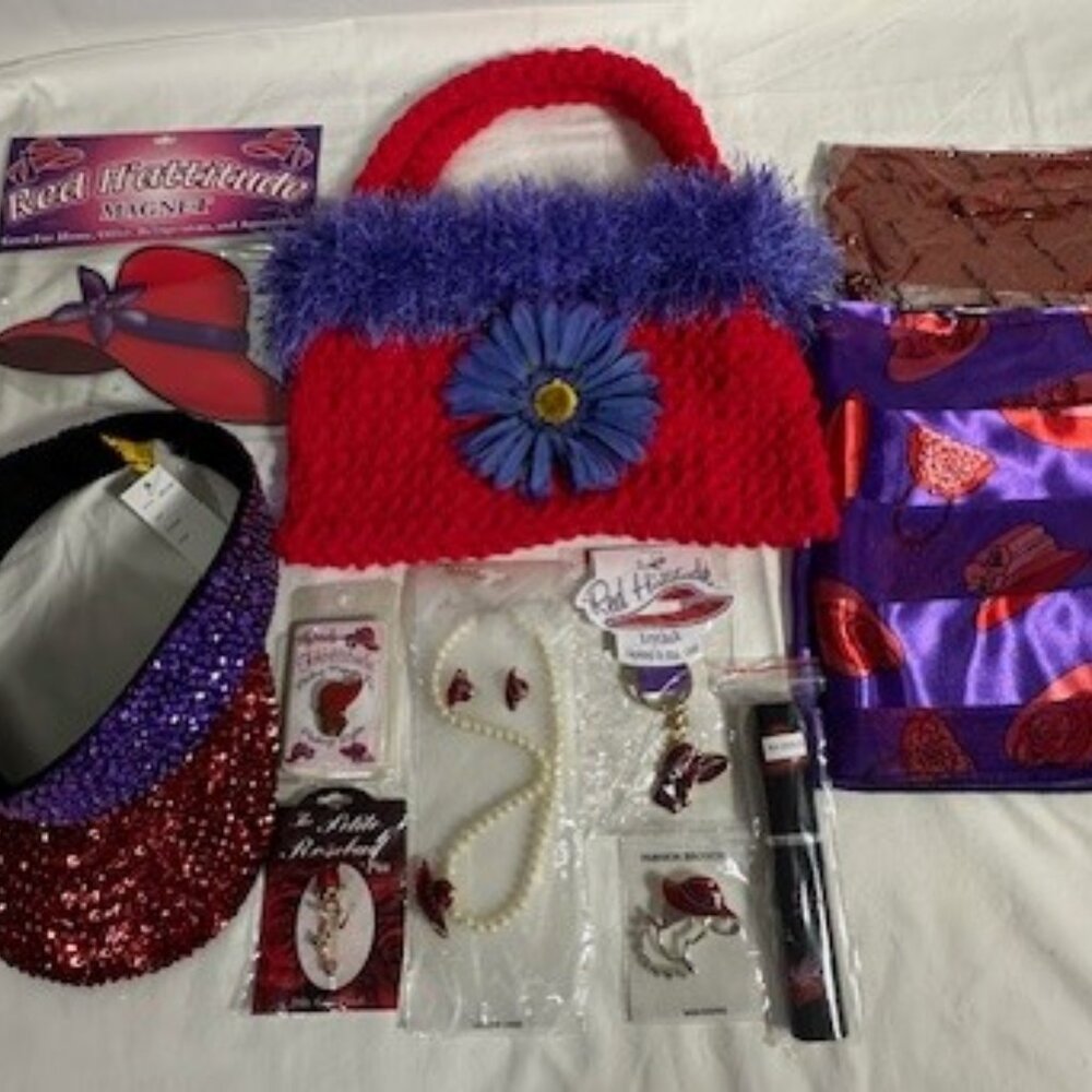 RED HAT HATTERS LADIES SOCIETY PURPLE SCARF, HAT, PIN, JEWELRY, KEYCHAIN PURSE
